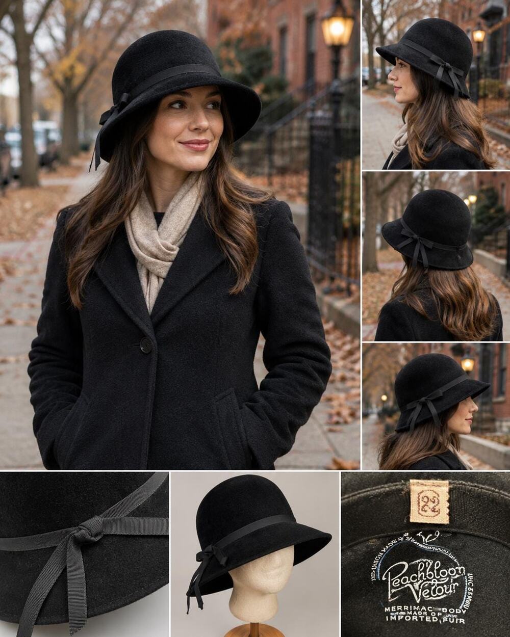 Vintage 1960s Black Peachbloom Velour Fur Felt Cloche Hat, Wide Brim Women's